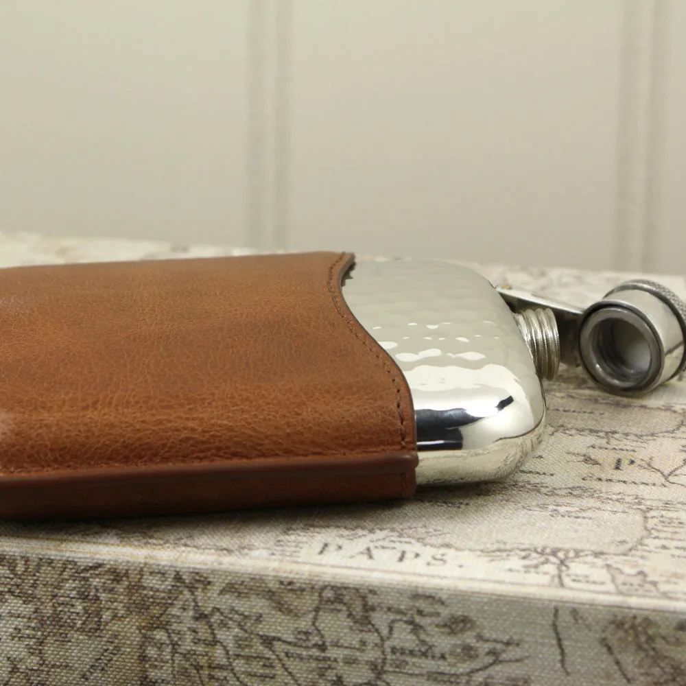 6oz Hammered Design Captive Top Pewter Hip Flask with Tan Leather Pouch