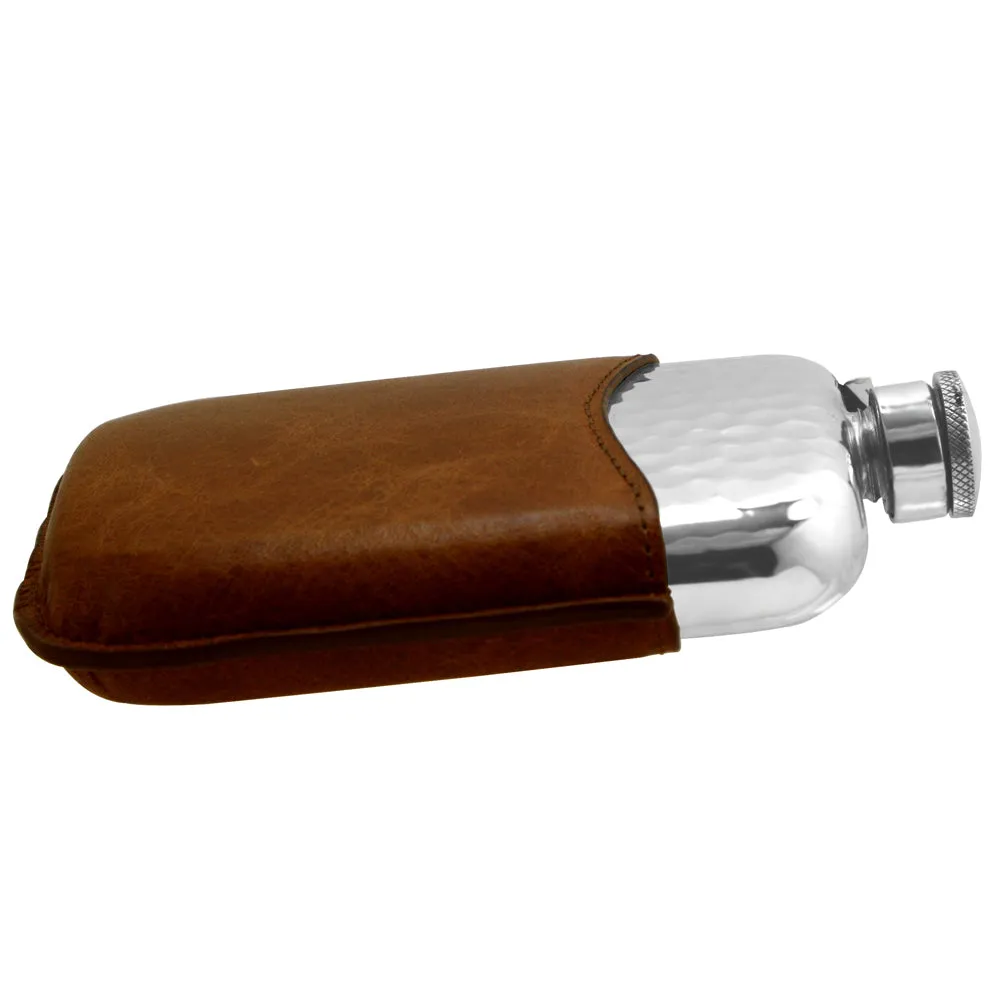 6oz Hammered Design Captive Top Pewter Hip Flask with Tan Leather Pouch