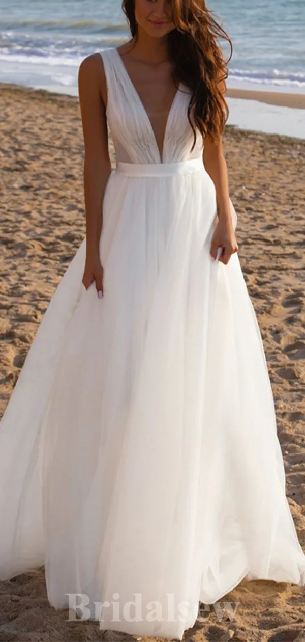 A-line Beach Romantic Fantasy Luxurious Simple Vintage Long Wedding Dresses WD378