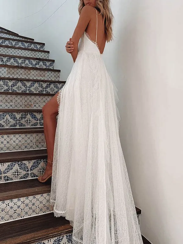 A-line Lace Beach Country Vintage Unique Wedding Dresses Online WD062