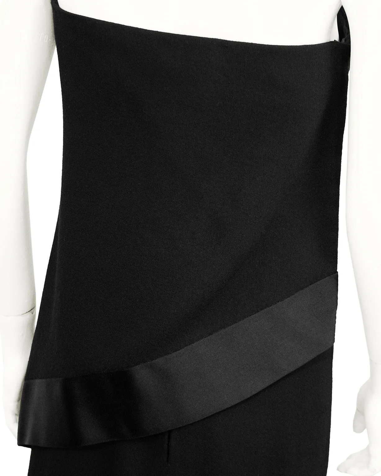 Black Wool Crepe One Shoulder Wrapped Evening Dress