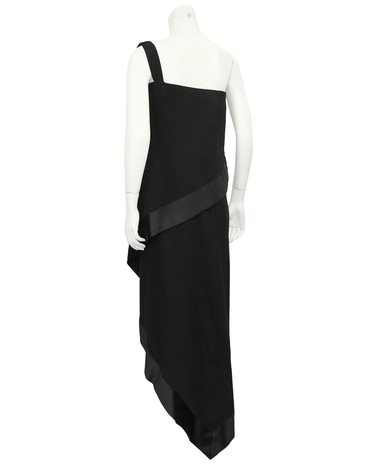 Black Wool Crepe One Shoulder Wrapped Evening Dress