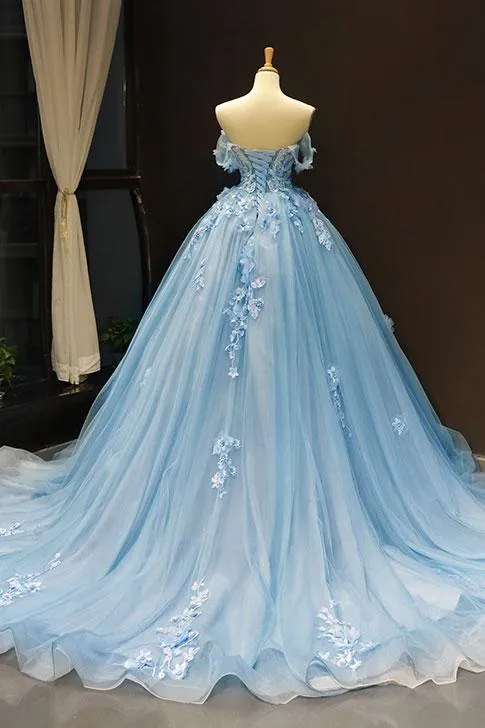 blue wedding dresses boho off the shoulder lace appliqué 3d flowers elegant ball gown wedding gowns