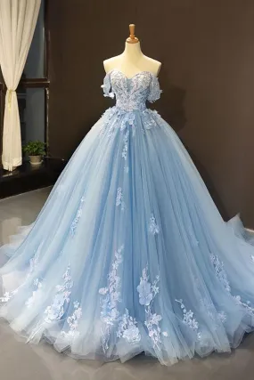 blue wedding dresses boho off the shoulder lace appliqué 3d flowers elegant ball gown wedding gowns