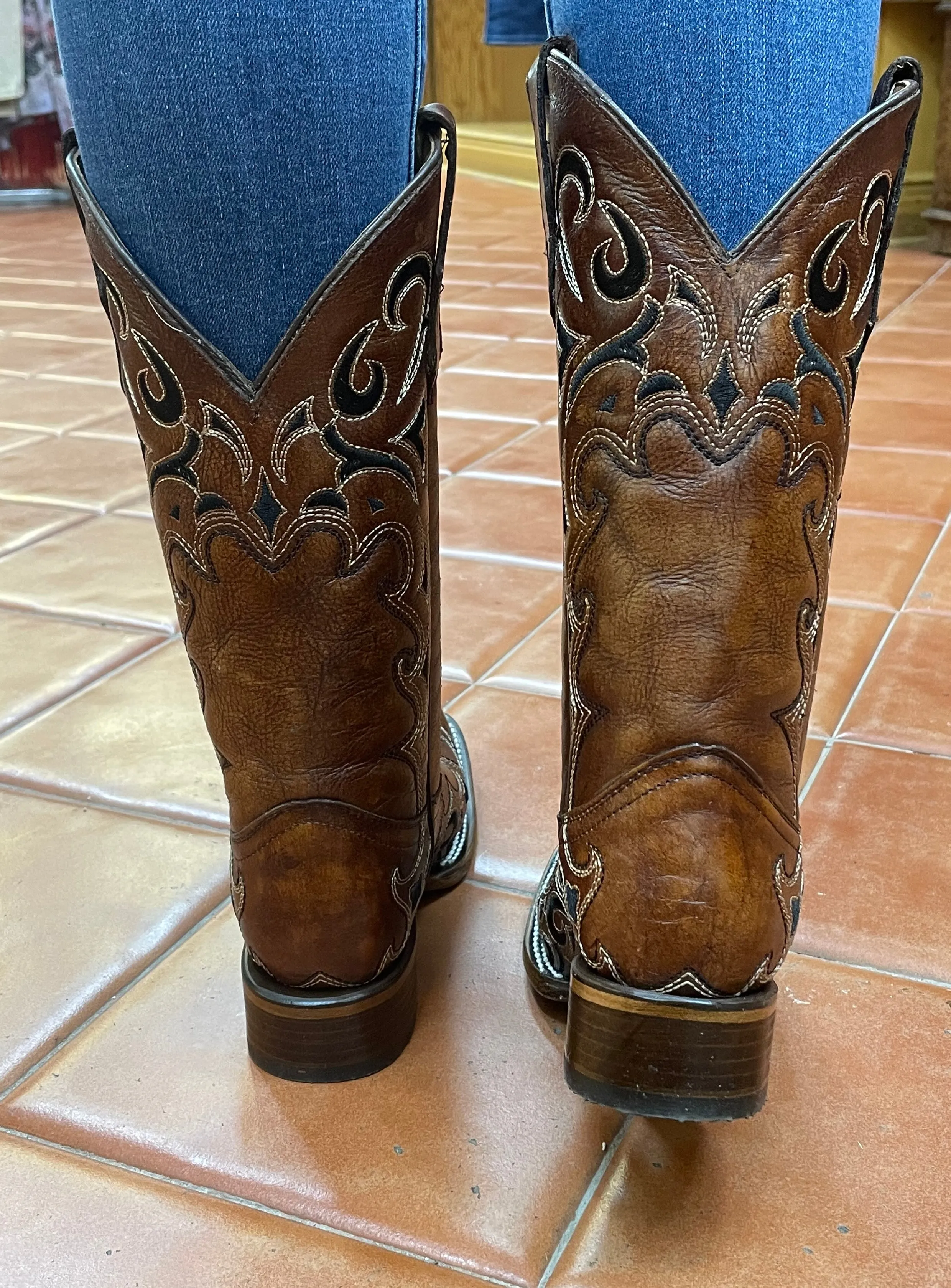 Brown & Black Embroidered  Square Toe Women's Boots