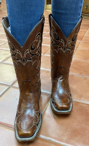 Brown & Black Embroidered  Square Toe Women's Boots