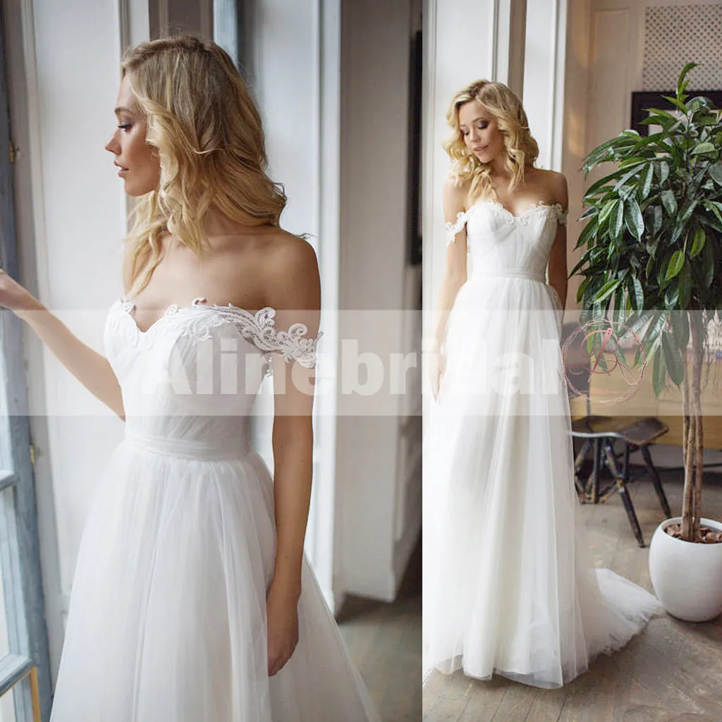 Cheap Simple Off The Shoulder Lace Tulle A-line  Wedding Dresses, AB1141