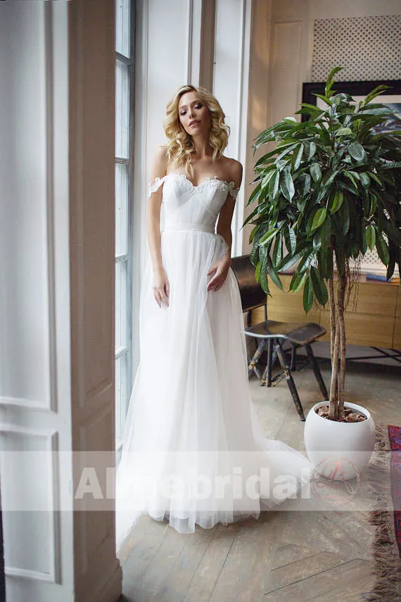 Cheap Simple Off The Shoulder Lace Tulle A-line  Wedding Dresses, AB1141