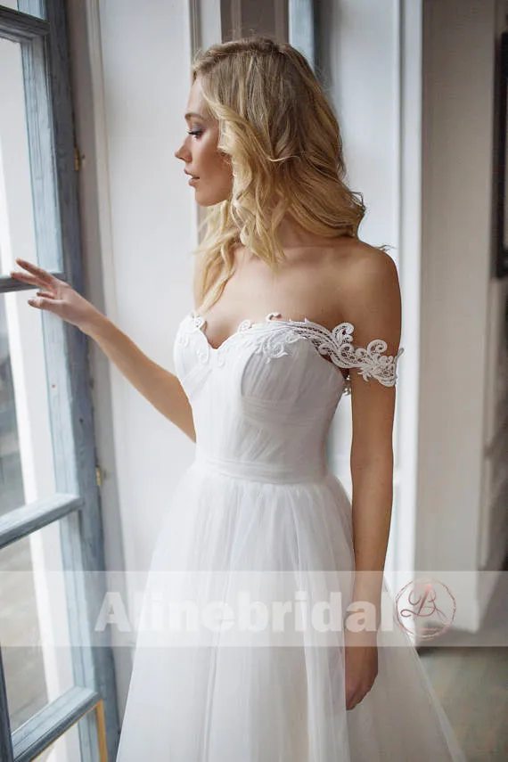 Cheap Simple Off The Shoulder Lace Tulle A-line  Wedding Dresses, AB1141