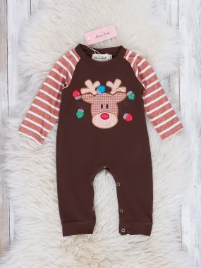 Chocolate & Tan Stripe Embroidered Reindeer Romper