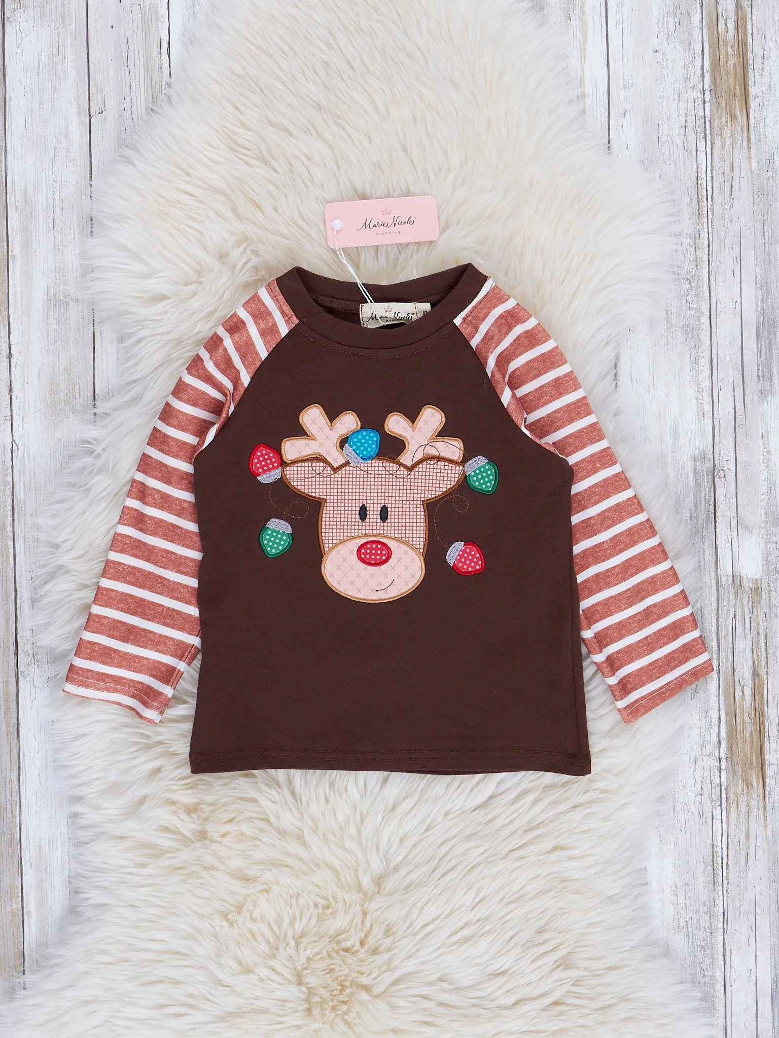 Chocolate & Tan Stripe Embroidered Reindeer Shirt