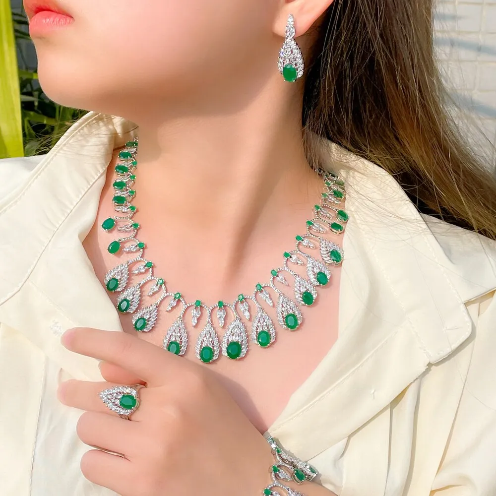 CWWZircons 4pcs Luxury Tassel Drop Green Cubic Zirconia Big Wedding Necklace Expensive Dubai Nigerian Bridal Jewelry Sets T609