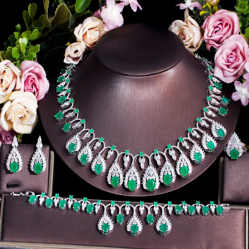 CWWZircons 4pcs Luxury Tassel Drop Green Cubic Zirconia Big Wedding Necklace Expensive Dubai Nigerian Bridal Jewelry Sets T609