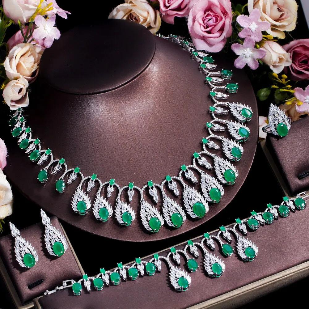 CWWZircons 4pcs Luxury Tassel Drop Green Cubic Zirconia Big Wedding Necklace Expensive Dubai Nigerian Bridal Jewelry Sets T609