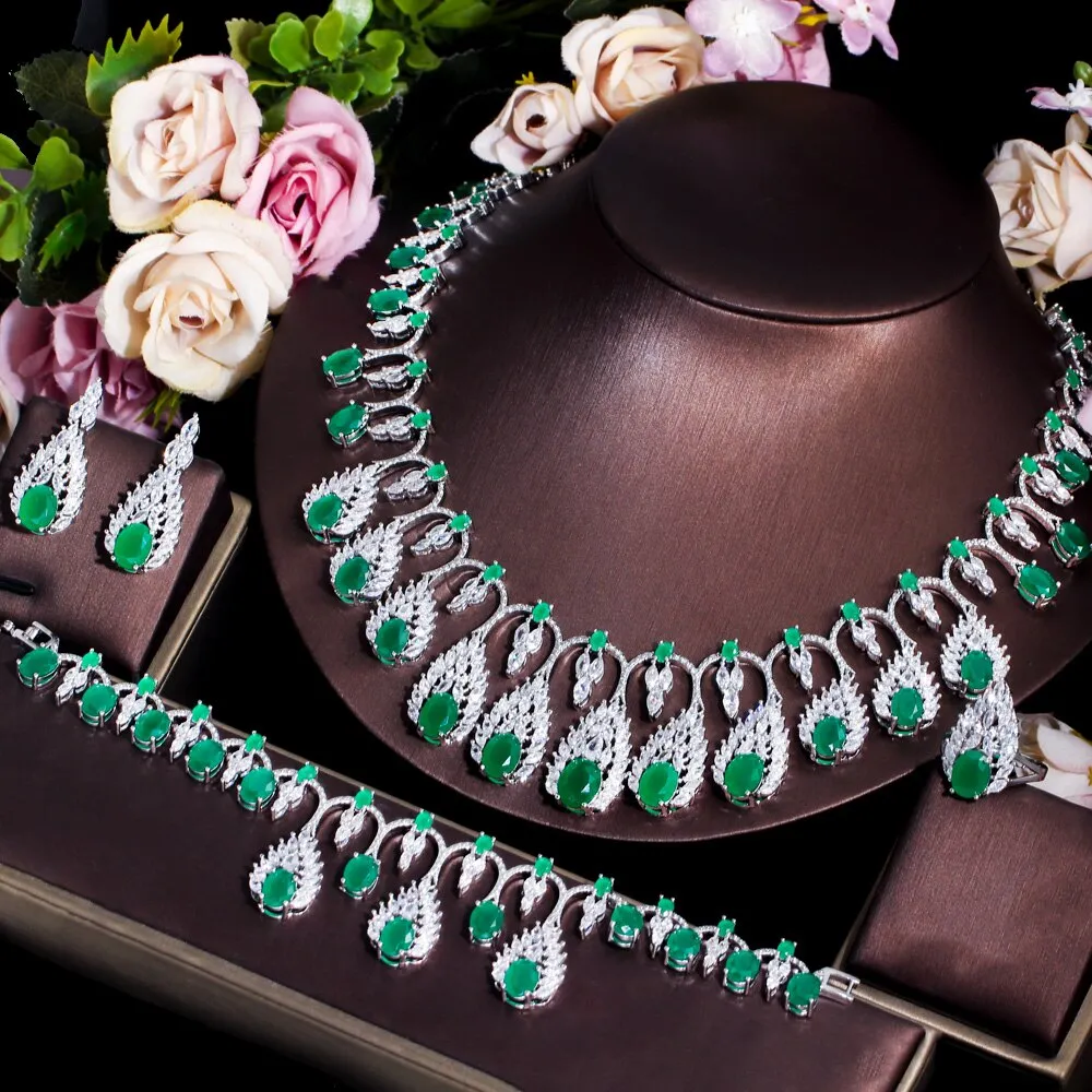 CWWZircons 4pcs Luxury Tassel Drop Green Cubic Zirconia Big Wedding Necklace Expensive Dubai Nigerian Bridal Jewelry Sets T609