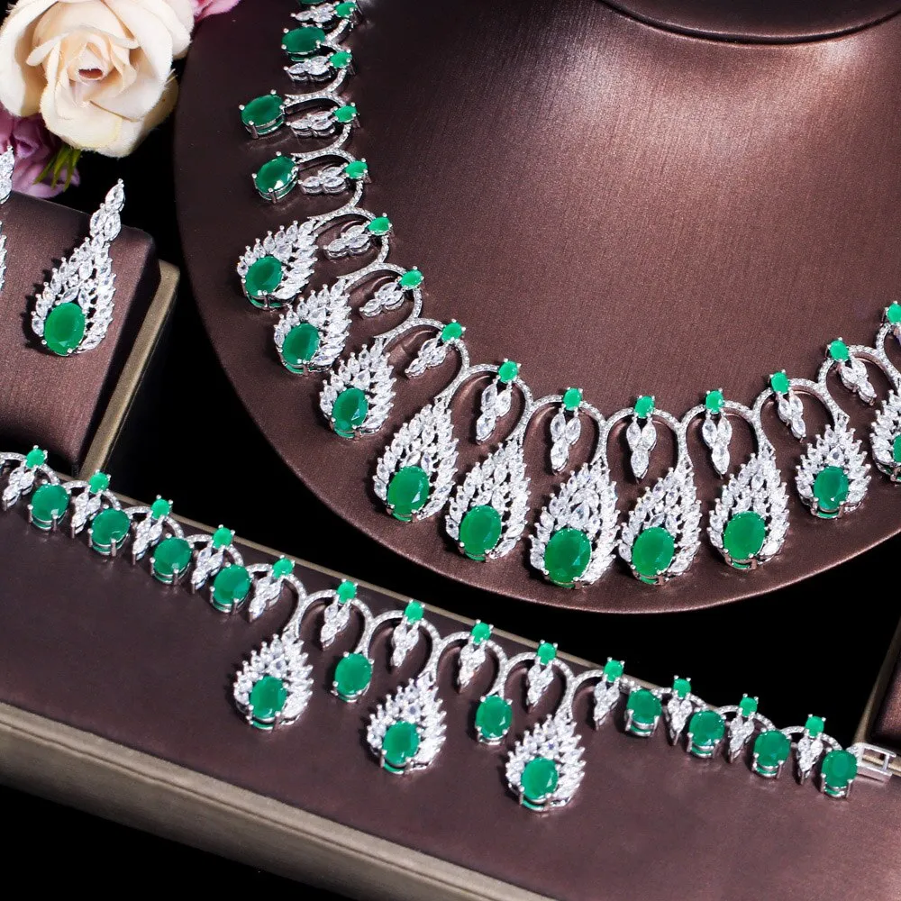 CWWZircons 4pcs Luxury Tassel Drop Green Cubic Zirconia Big Wedding Necklace Expensive Dubai Nigerian Bridal Jewelry Sets T609