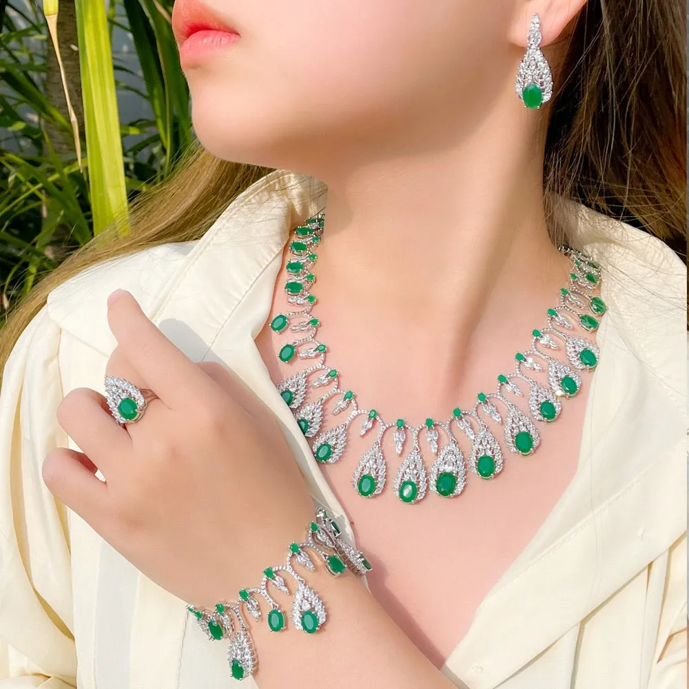 CWWZircons 4pcs Luxury Tassel Drop Green Cubic Zirconia Big Wedding Necklace Expensive Dubai Nigerian Bridal Jewelry Sets T609