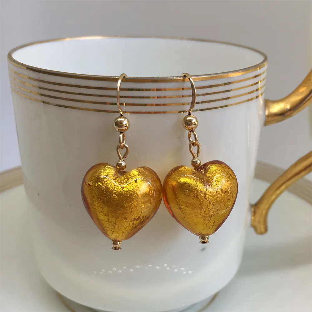 Earrings with gold topaz (amber) Murano glass small heart drops on silver or gold hooks