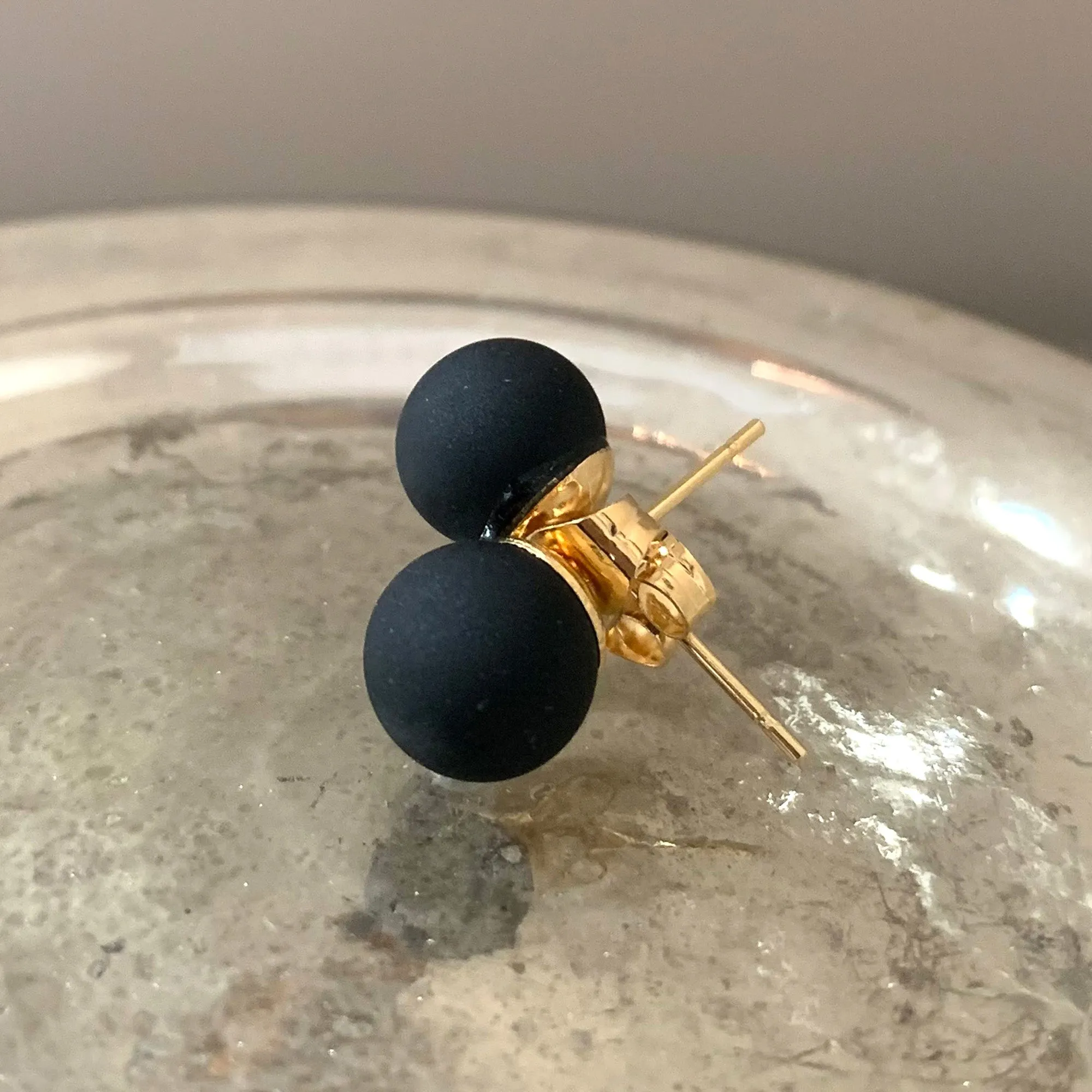 Earrings with matte black pastel Murano glass sphere studs on 24ct gold plated or surgical steel posts