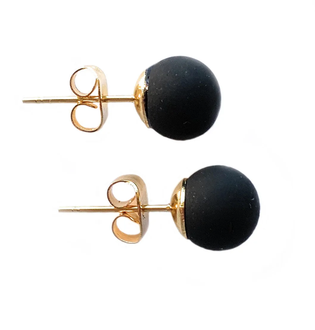 Earrings with matte black pastel Murano glass sphere studs on 24ct gold plated or surgical steel posts