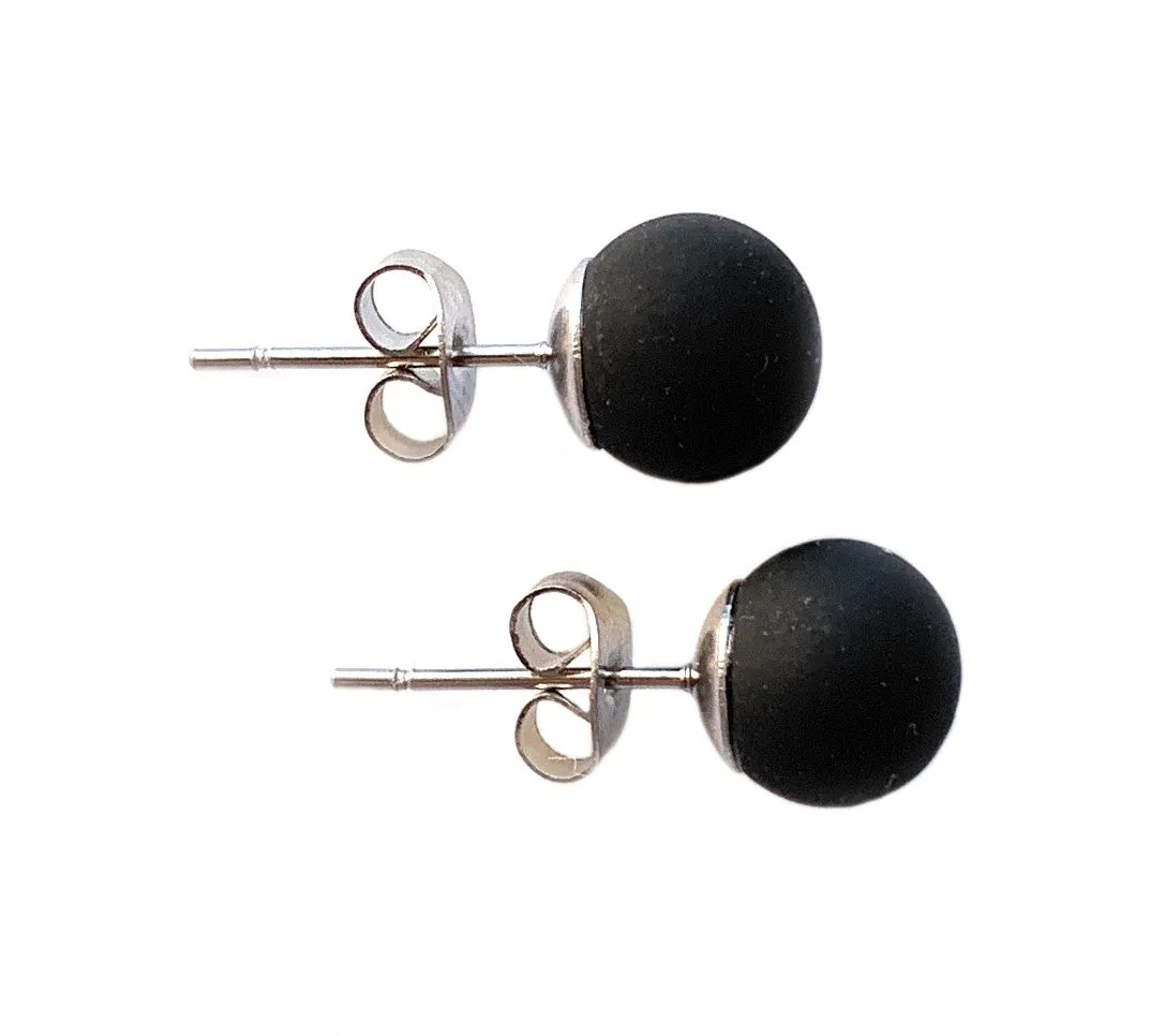 Earrings with matte black pastel Murano glass sphere studs on 24ct gold plated or surgical steel posts