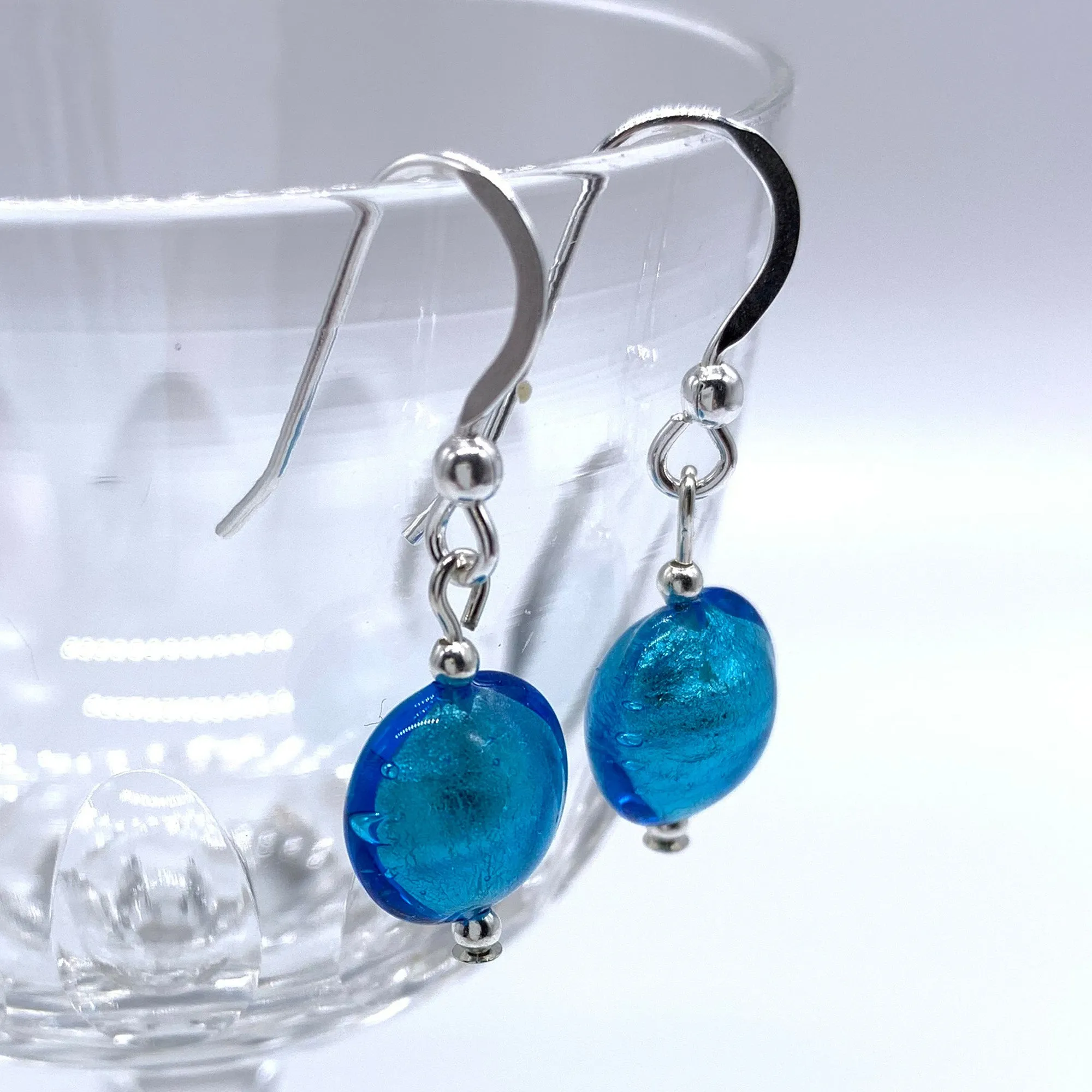 Earrings with turquoise (blue) Murano glass mini lentil drops on silver or gold hooks