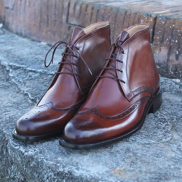 Elegant Handmade Brown Color Leather Brogue Boots, Men's Fashion Chukka Lace Up Boots