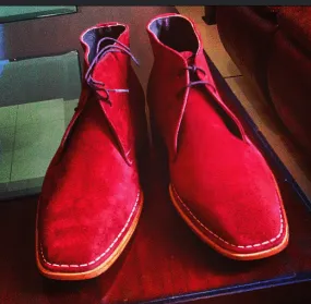 Elegant Handmade Red Color Suede Boots, Men's Fashion Chukka Lace Up Boots