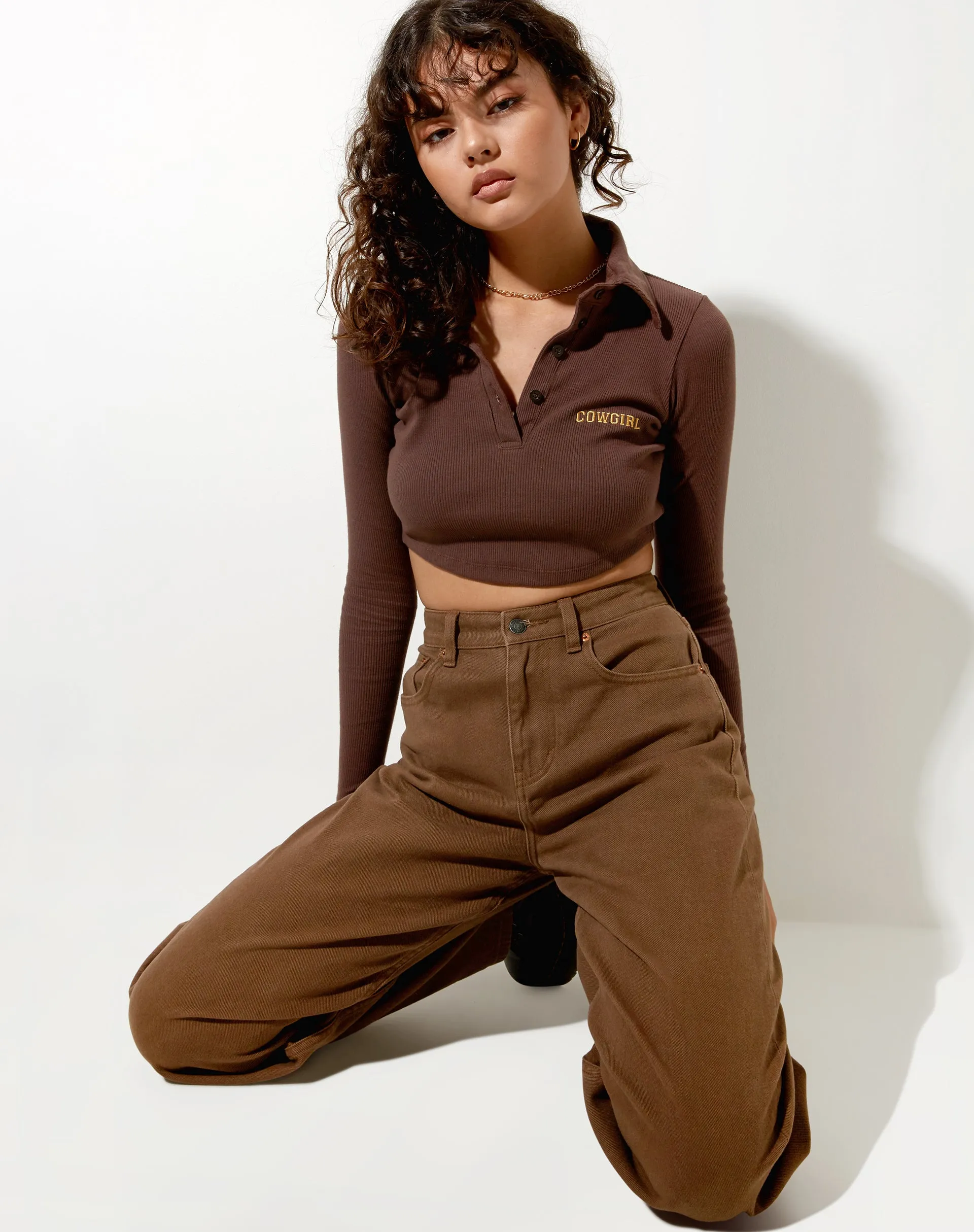 Elody Crop Top in Rib Deep Mahogany Cowgirl Embro