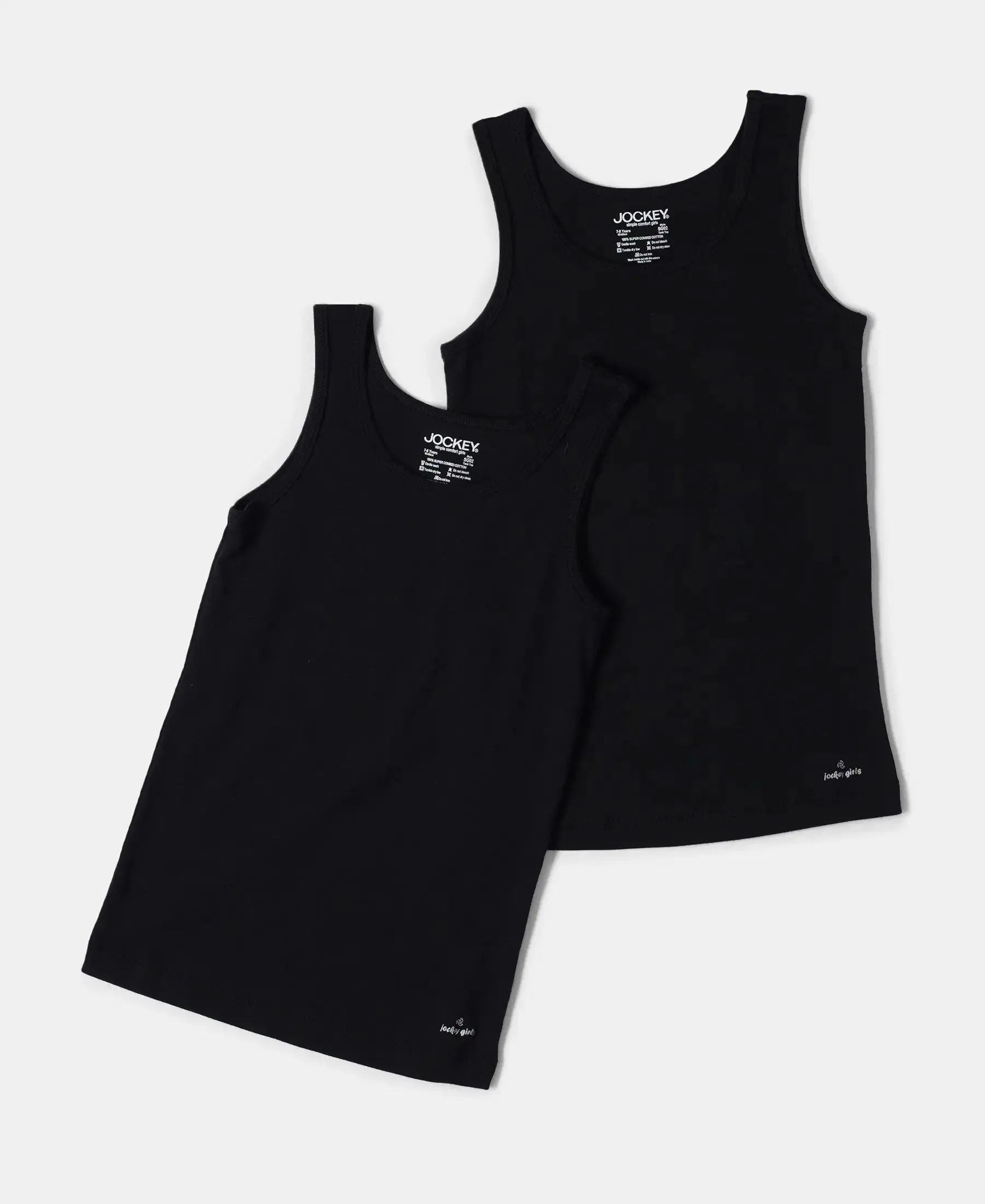 Girl's Super Combed Cotton Rib Solid Inner Tank Top - Black (Pack of 2)