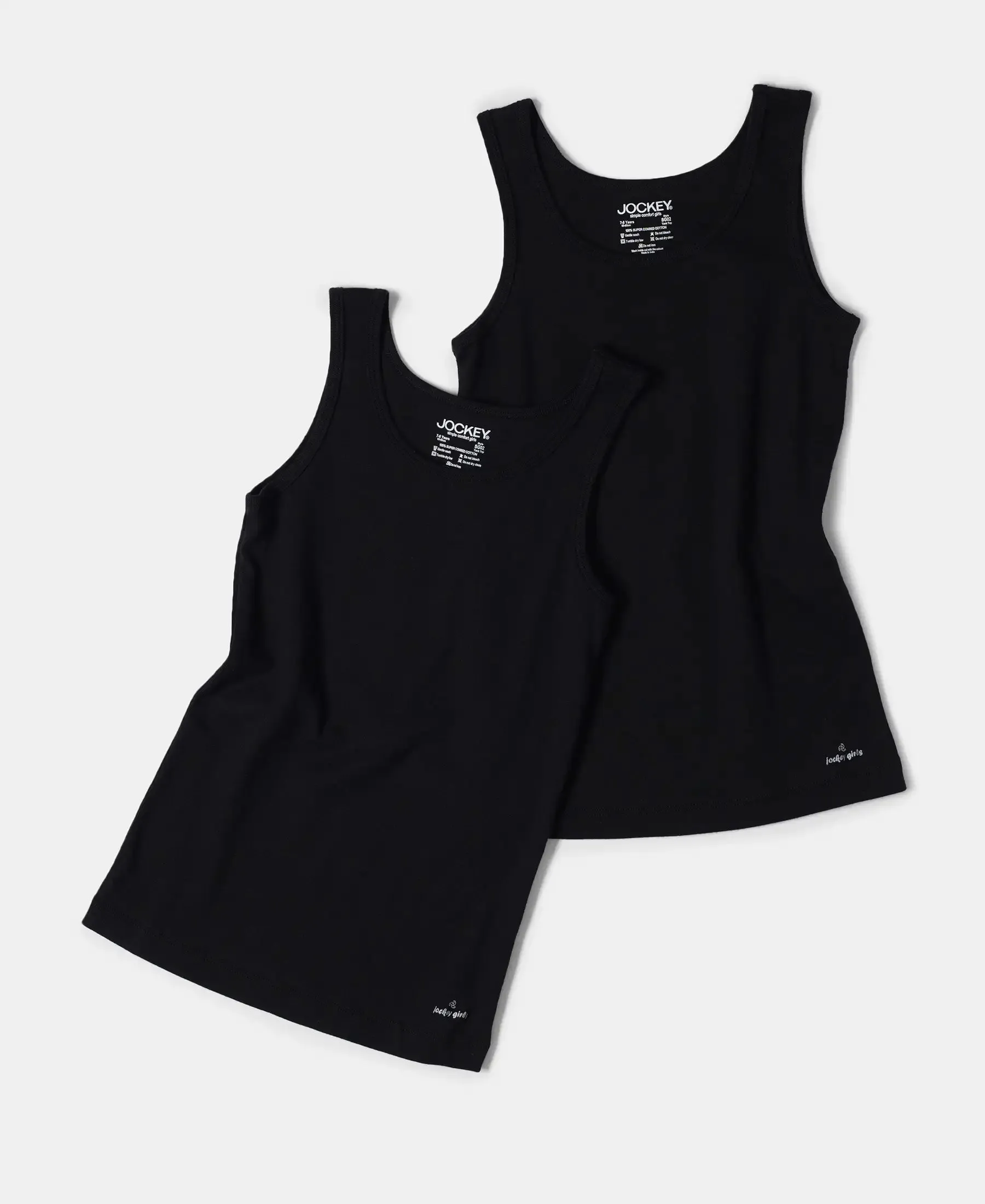 Girl's Super Combed Cotton Rib Solid Inner Tank Top - Black (Pack of 2)