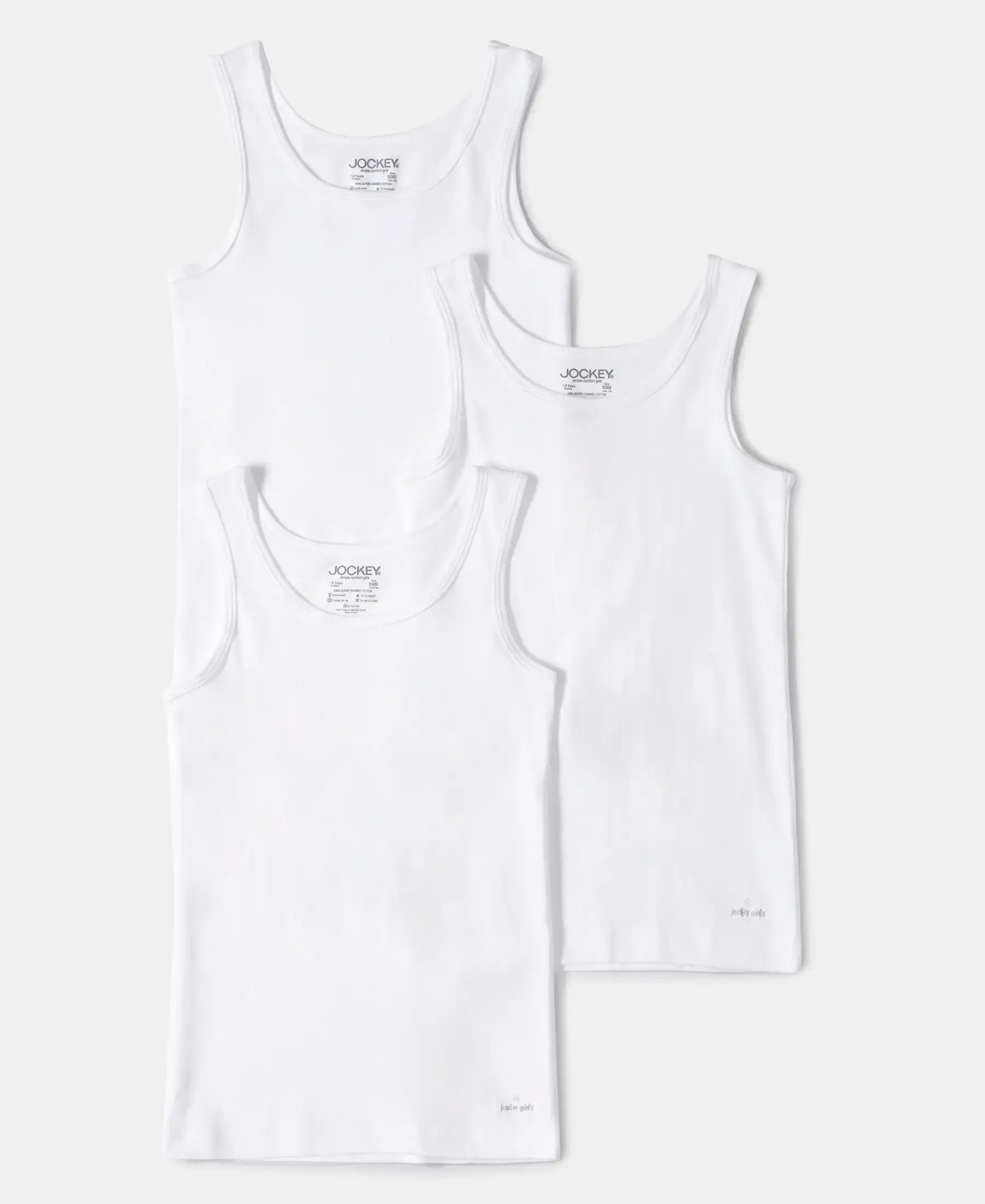 Girl's Super Combed Cotton Rib Solid Inner Tank Top - White (Pack of 3)