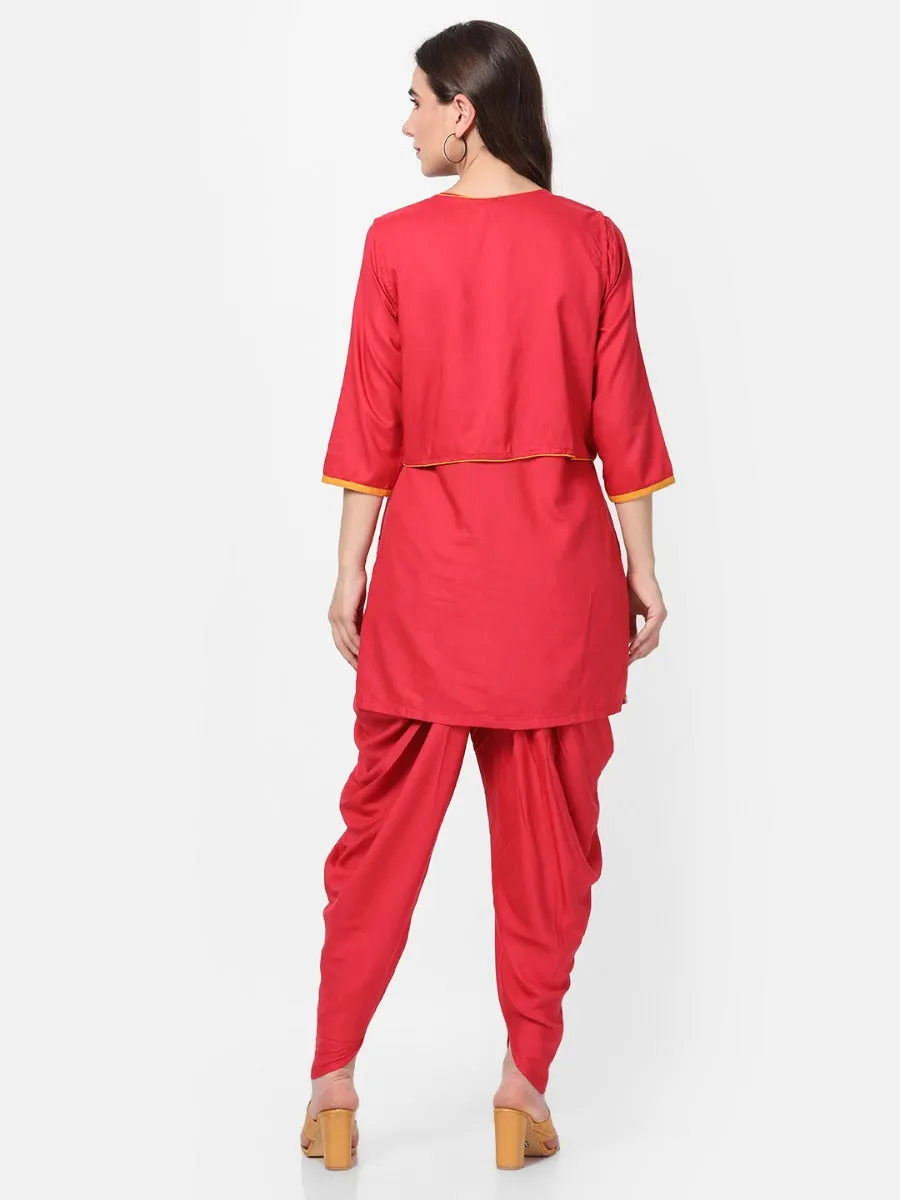 Red Solid Kurta Jacket With Cowl Pant