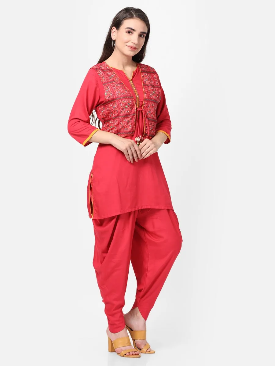 Red Solid Kurta Jacket With Cowl Pant