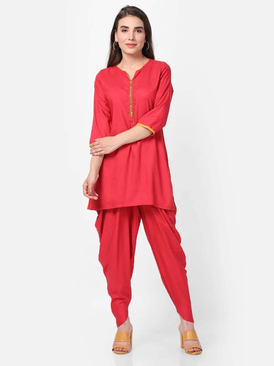 Red Solid Kurta Jacket With Cowl Pant