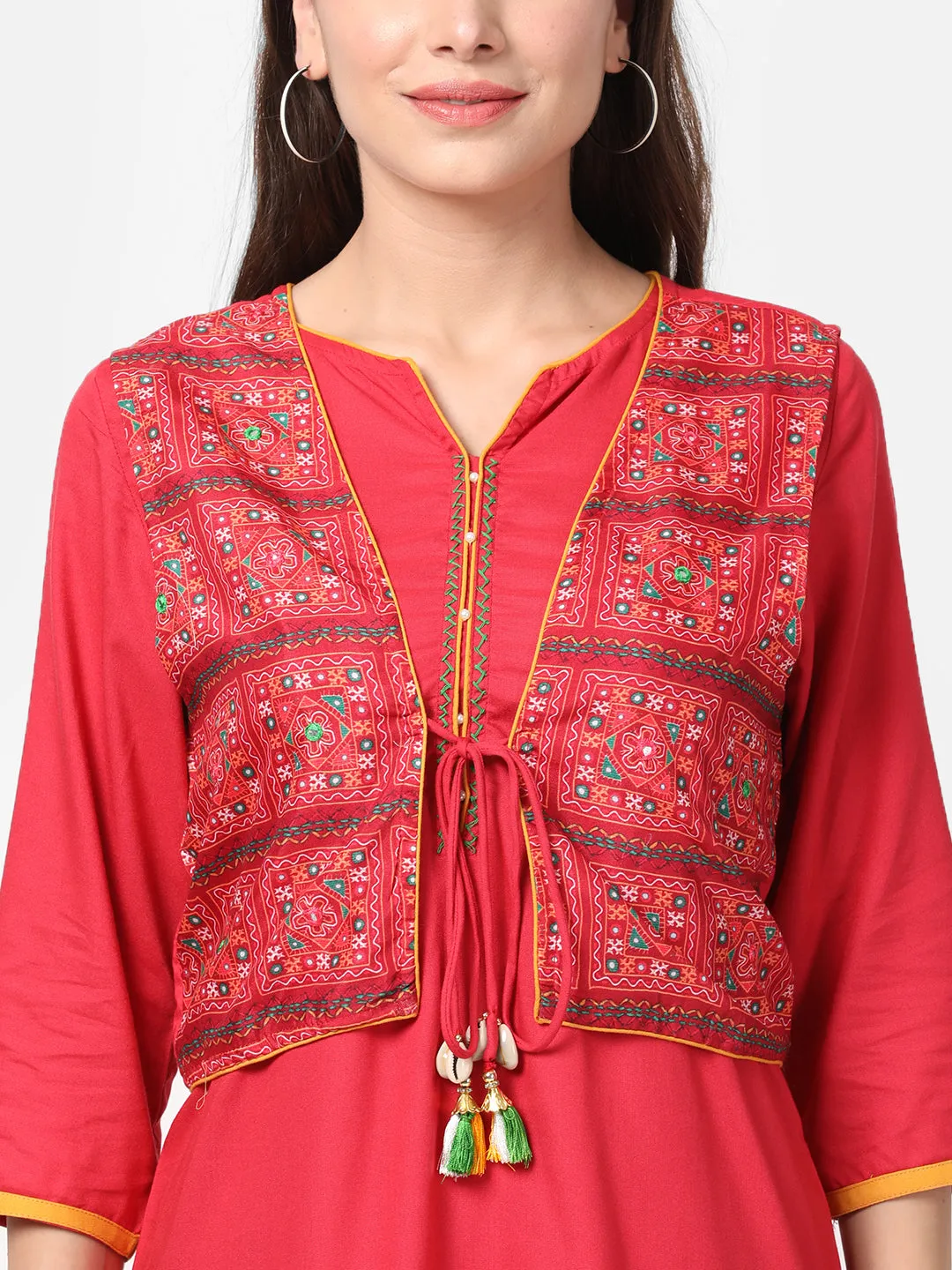 Red Solid Kurta Jacket With Cowl Pant