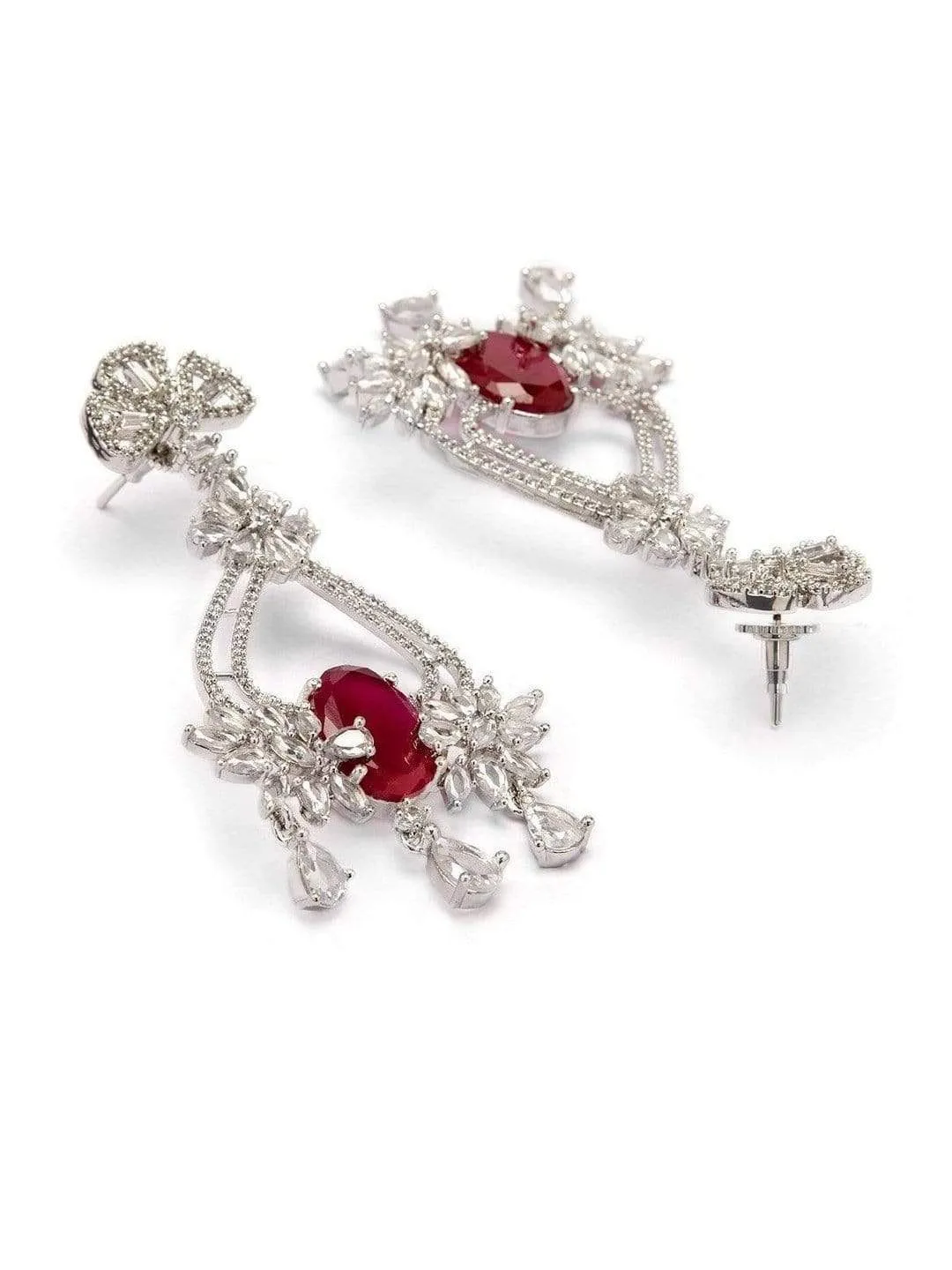 Rubans Adorable Ruby Stone Silver Toned Studded Drop Earrings