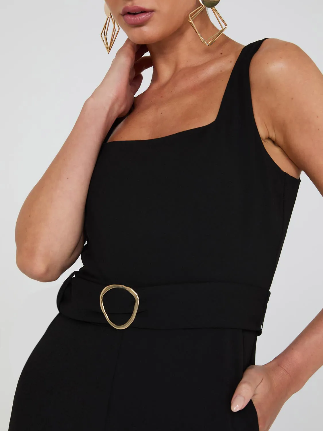 Square Neck Wide-Leg Jumpsuit With Pockets