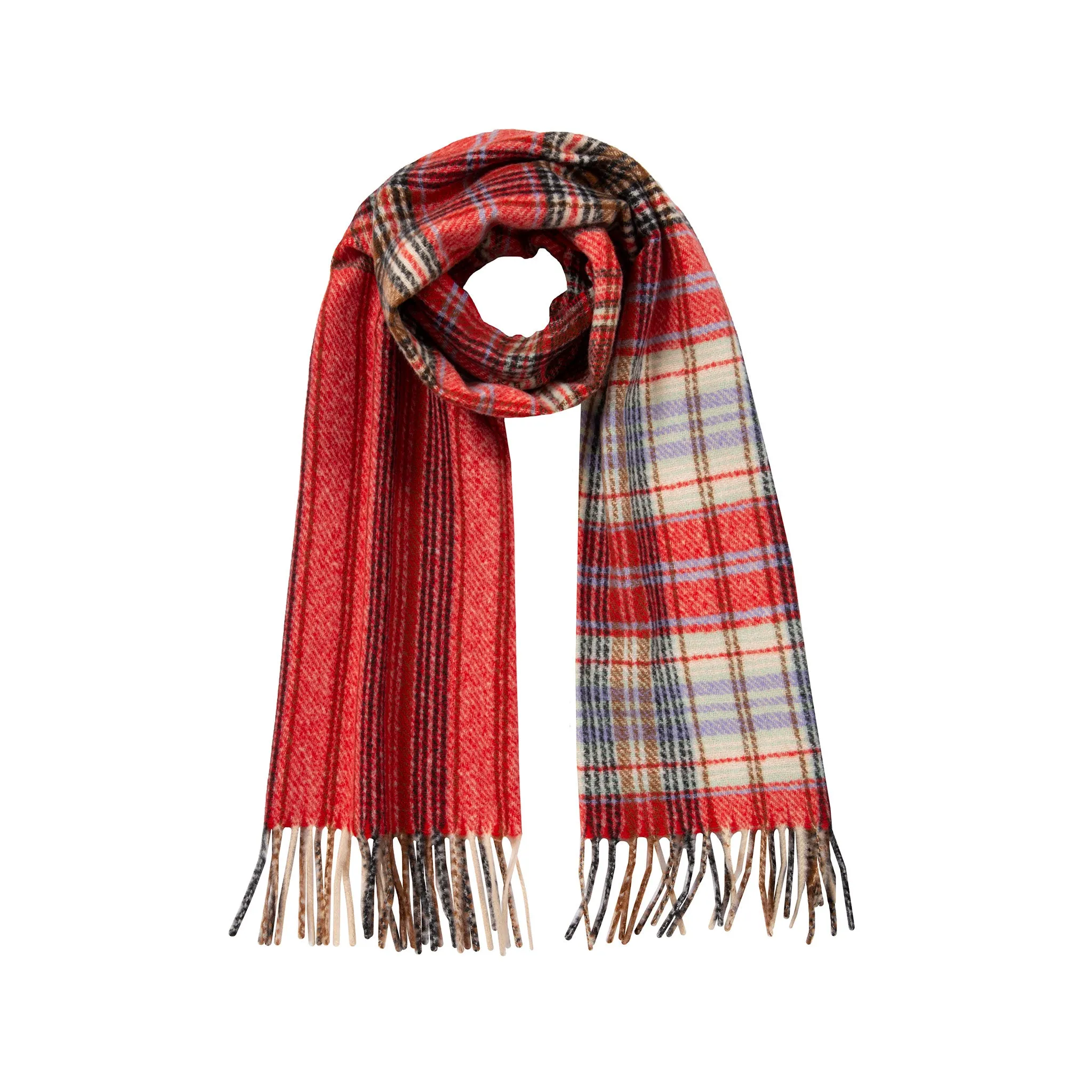 Women’s Asymmetric Checked and Striped Scarf with Tassels